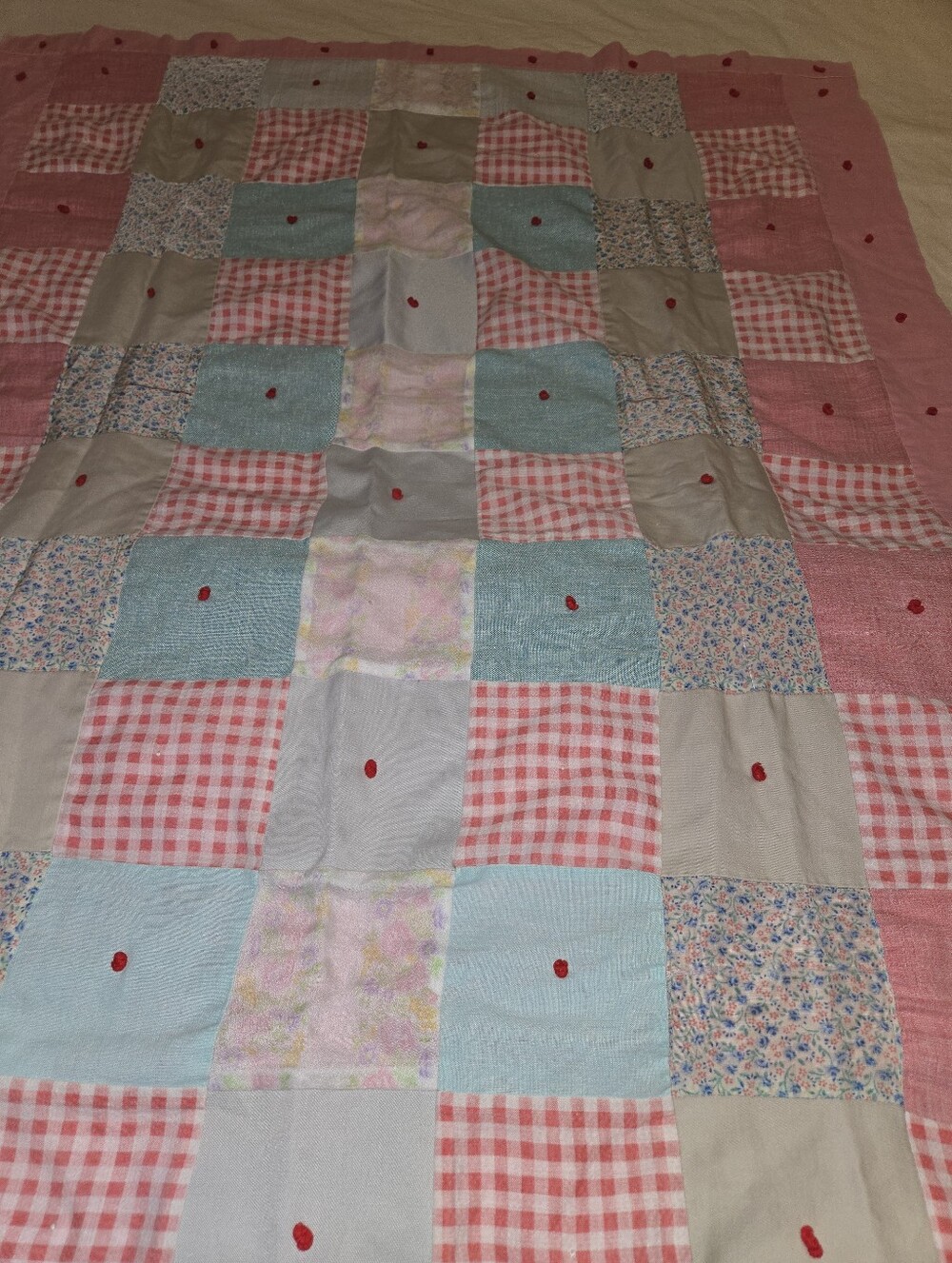 Handmade Patchwork Quilted Throw Blanket in Multicolor Squares Vintage 1980s